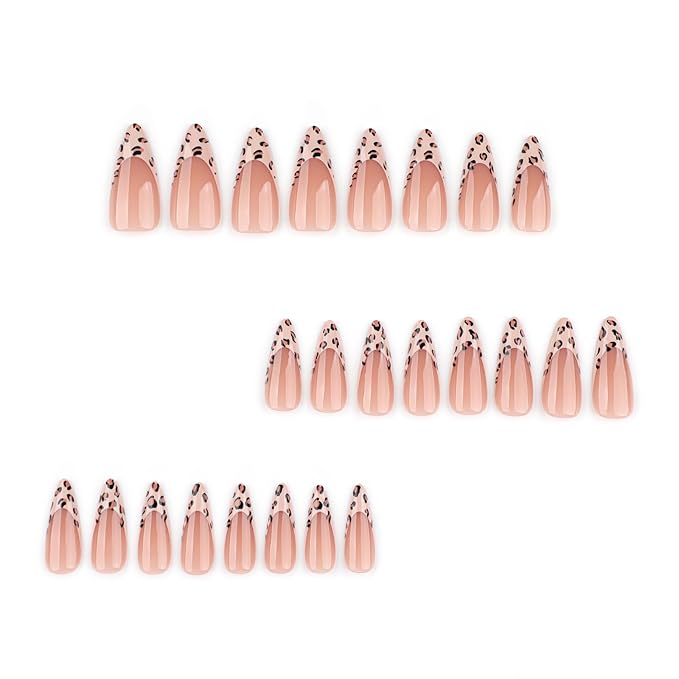 Leopard French Press On Nails 24pcs, Medium Stiletto Nude Fake Nails with Leopard Print Tips, Glossy Acrylic False Nails, Reusable Stick On Nails Kit for Women Girls Manicure