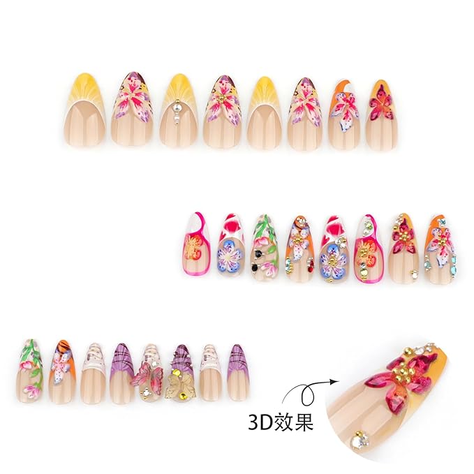 24Pcs Colorful Flower Press on Nails Medium Almond Fake Nails with 3D Butterfly Rhinestones Design Handmade False Nails Spring Summer Acrylic Nails Cute Floral Nails Stick on Nails for Women