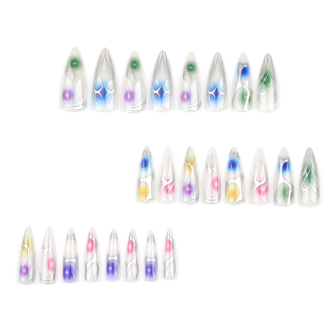 IMRAIN Press on Nails Long Stiletto Fake Nails White Glossy False Nails with Color Ombre Design Silver Line Full Cover Artificial Stick on Nails for Women Manicure 24Pcs