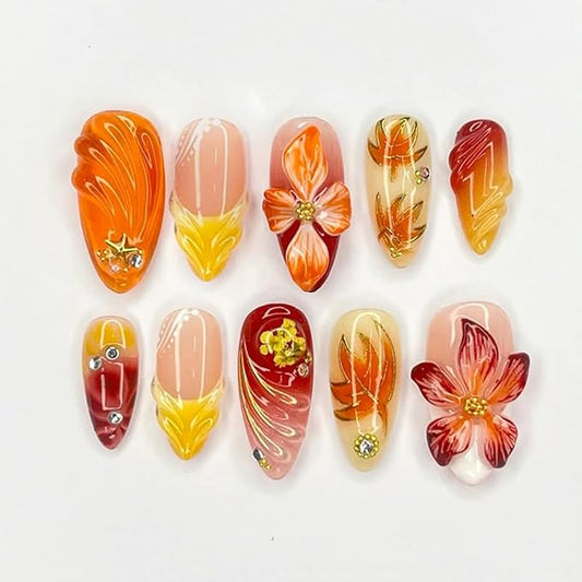 30Pcs Fall Press on Nails Medium Almond French Tip Fake Nails with Gold Star Gem Design Autumn Maple Leaf False Nails Cute Flower Acrylic Nail Thanksgiving Glue on Nail for Women Manicure Accessories