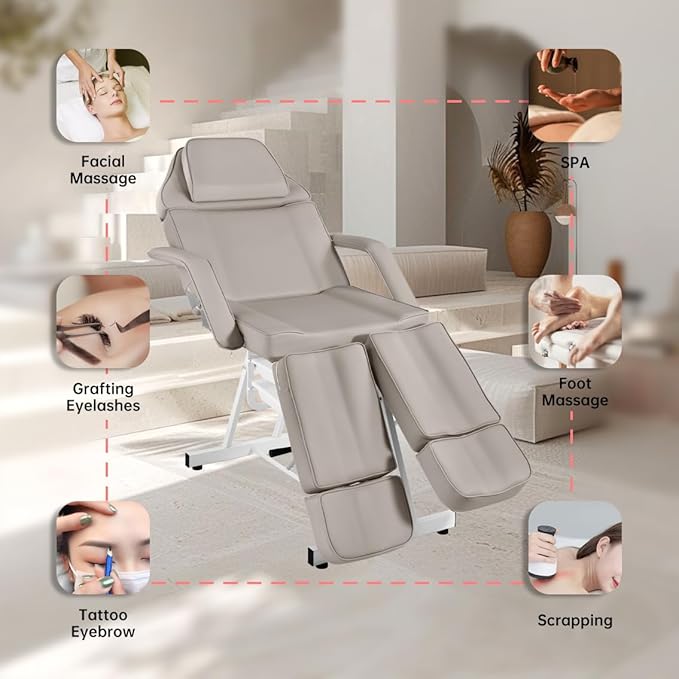 Tattoo Chair with Stool, Facial Bed Adjustable Legs Foldable Facial Chair Spa Bed for Client for Beauty Capacity 330lbs Gray