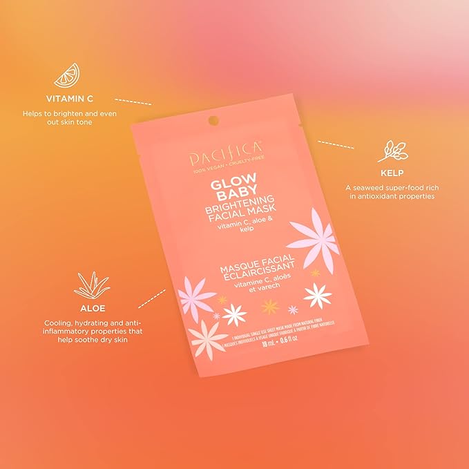 Pacifica Beauty, Glow Baby Brightening Face Mask, Sheet Mask, Skincare, Vitamin C, Aloe, Kelp, Brightening, Glowing Skin, Dullness, Fine Lines, Dark Spots, Dry Skin, Vegan & Cruelty Free (Pack of 2)