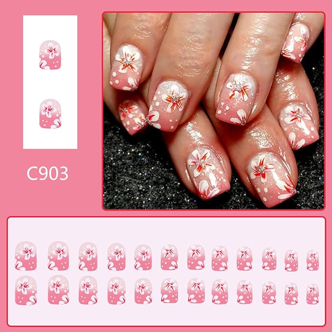 Flower Press-on Nails Short Square Fake Nails Peach Floral with Rhinestone Design French Tip False Nails Gradient Glue on Nail Glossy Stick on Nail Spring Acrylic for Women Decor Salon Manicure