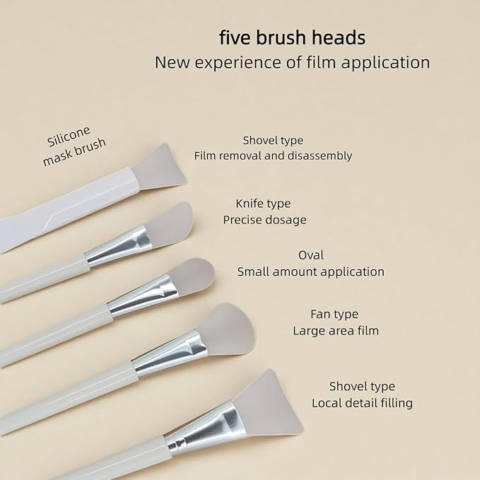 1 Set, 5 Pcs Silicone Mask Applicators, Multiple Silicone Brush Heads, Soft and Flexible, White Color, For Clay Masks, Aloe Vera Gel, Lotion and more