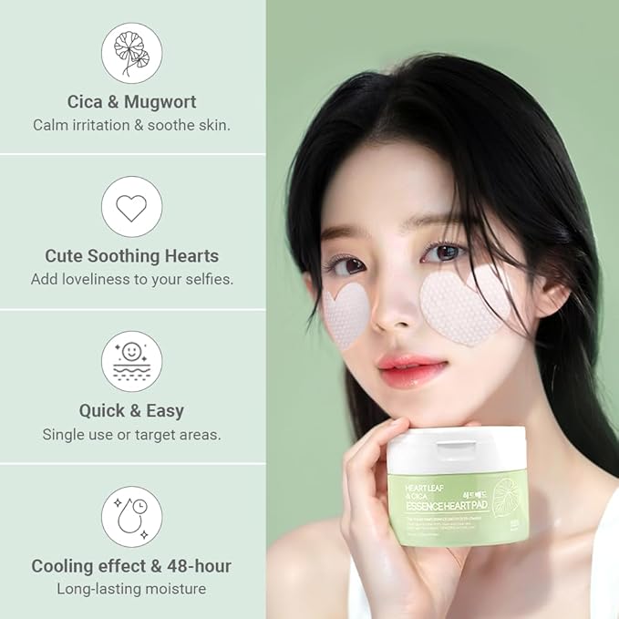 TENZERO Heart Leaf CICA Essence Heart Pad (50 Count, 150g), Redness Relief Soothing Pore Care for Sensitive Skin, Korean Facial Toner Pads, Hydrating & Refreshing, Centella