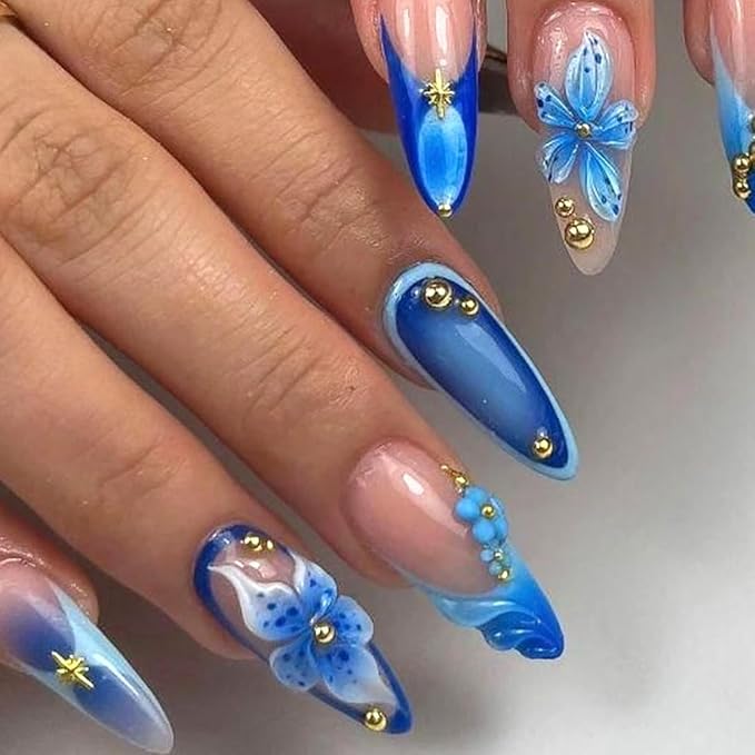 10Pcs Handmade Blue Flower Press on Nails Medium Almond French Tip Fake Nails Gold Rhinestones with Flower Glue on Nails Cute Stick on Nails Full Cover Summer False Nails for Women Girls Acrylic Nails
