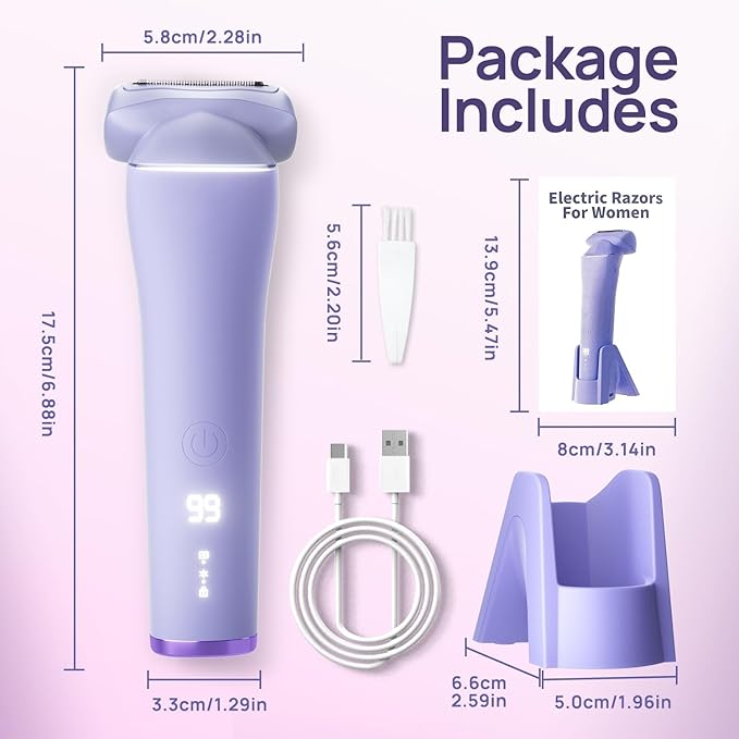 Buqikma Bikini Trimmer for Women - Painless Rechargeable Electric Razor Silk-Smooth Pubic Hair Trimmer Ipx6 Waterproof & Bikini Shaver with Charge Dock for Full Body with Ceramic Blade, Purple