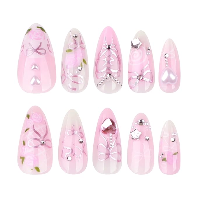 3D Handmade Spring & Summer Heart Pearl Press On Nails Almond Medium 24 Pcs, Flower Designer Reusable Acrylic Fake Nails with Glue, Wedding and Party, Daily wear Nails fro Women Gift