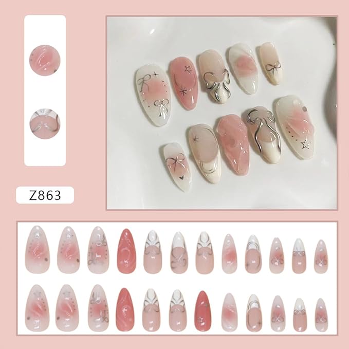 24Pcs Silver Bow Press on Nails Medium Almond French Tip Fake Nails with 3D Star Heart Design Pink White False Nails Full Cover Artificial Glue on Nails Handmade Stick on Nails for Women DIY Manicure