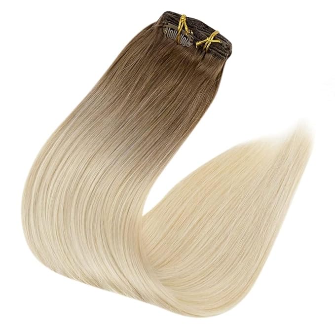 Full Shine Blonde Clip in Hair Extensions Ombre Dark Brown to Platinum Blonde Human Hair Clip in Extensions Straight Invisible 120 Grams 22 Inch