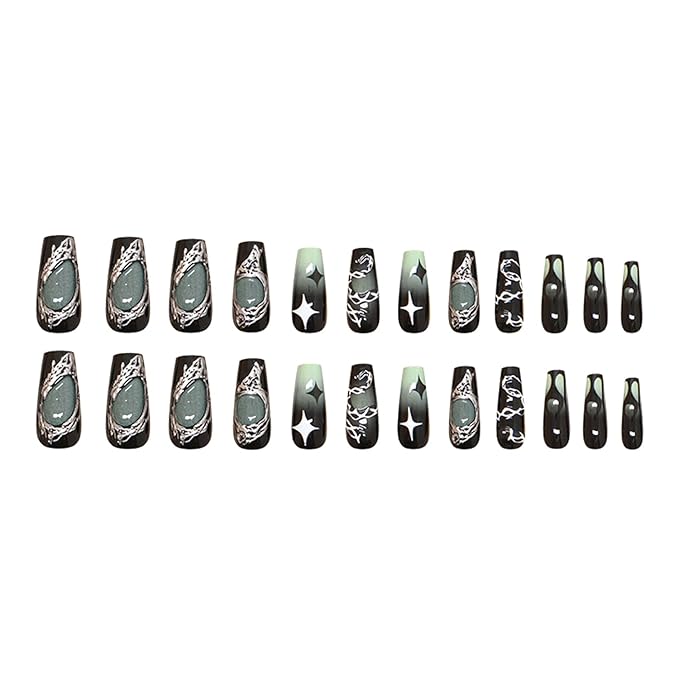 24pcs Dark Press on Nails Medium length Fake Nails Press on with Punk Cool Black Star Crocodile Pattern Dark Gradient False Nails Star Full Cover Glossy Irregular Metal Stick on Nails for Women 24Pcs