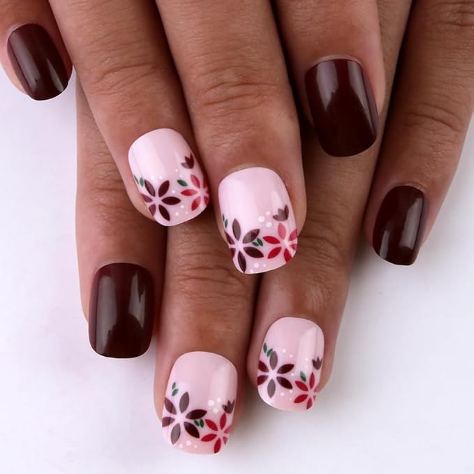 Short Press on Nails Spring Flower Fake Nails Square Shape Full Cover False Nails with Floral Designs Cute Glue on Nails Reusable Stick on Nails Summer Artificial Nails for Women Girls 24Pcs