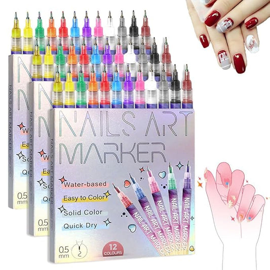 12 Color Nail Art Pens, 2026 New 0.5 MM Nail Polish Pens Set Drawing Painting Point Liner Acrylic Painted Pen Kit, Waterproof and Quick-drying Nail for DIY Nails Art Design ((3 set) 12 Color)