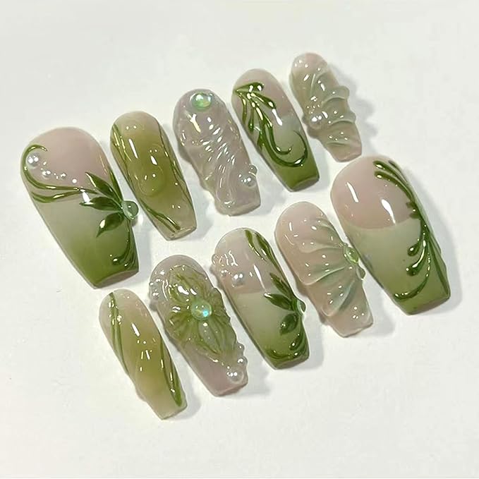 24Pcs Green Press on Nails Medium Square Fake Nails with Vine Gradient French Pearl Design Nude False Nail Full Cover Artificial Nails Cute Stick on Nail Pearl Nail for Women DIY Manicure