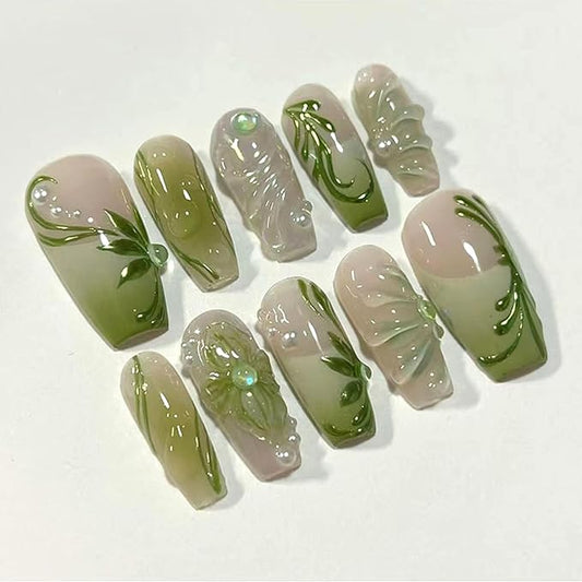 24Pcs Green Press on Nails Medium Square Fake Nails with Vine Gradient French Pearl Design Nude False Nail Full Cover Artificial Nails Cute Stick on Nail Pearl Nail for Women DIY Manicure