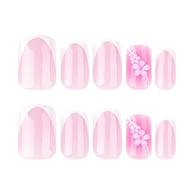 Deep French Tip Press On Nails Spring Summer Acrylic Nails for Women -3D Pink Flower Designer Fake Nails Short Square 24Pcs, Outing/Party Reusable Glue On Stick On Nail Gift For Women
