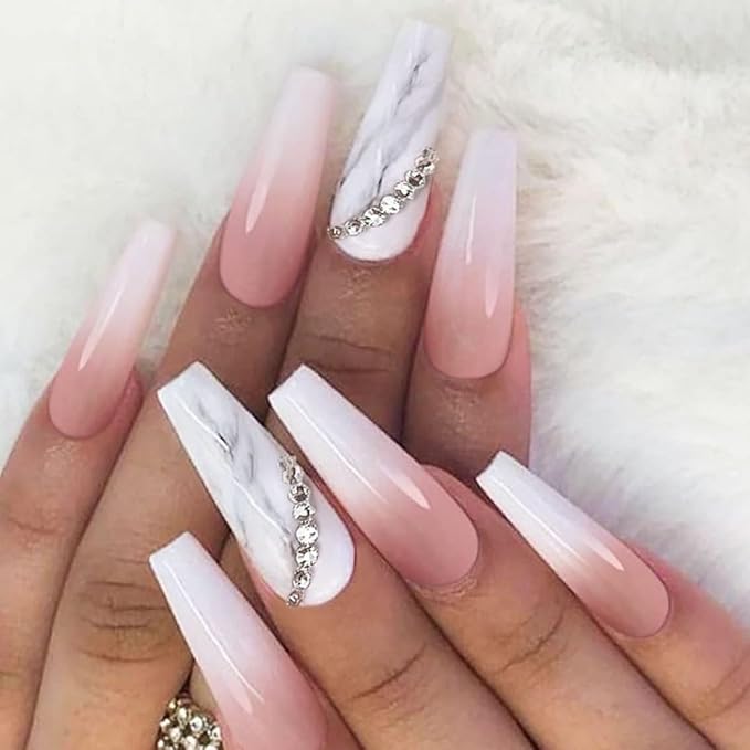 Yivaiks 24 pcs Pink Coffin Press On Nails - Long Glossy Rhinestone Fake Nails With Glue, Full Coverage Marble Acrylic Nails (Pink Ink Fantasy)