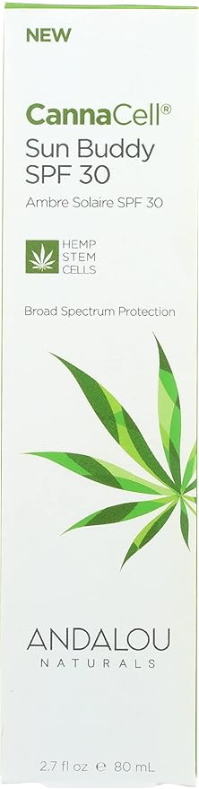 Andalou Naturals Face Sunscreen, CannaCell Sun Buddy SPF 30 with Hemp Stem Cells, Moisturizing Facial Lotion, Broad Spectrum Protection with Non-Nano Zinc Oxide, Reef Safe Sunscreen, 2.7 Fl Oz