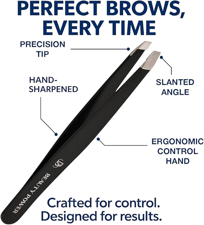 Slant Tip Precision Tweezers - Stainless Steel Eyebrow Tweezers for Women & Men - Precision Tweezers for Facial Hair, Ingrown Hair & Brow Shaping - Professional Beauty Tool (Matte Black)