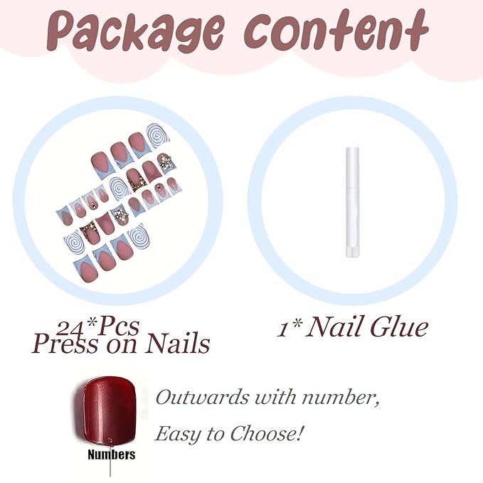 BABALAL Duck Press on Nails Blue Gold Fake Nails Short French Tipwith Swirl Designs Glue on False Nails Short Press ons Sparkly Artificial Y2k Star Stick on Nails for Women 24Pcs