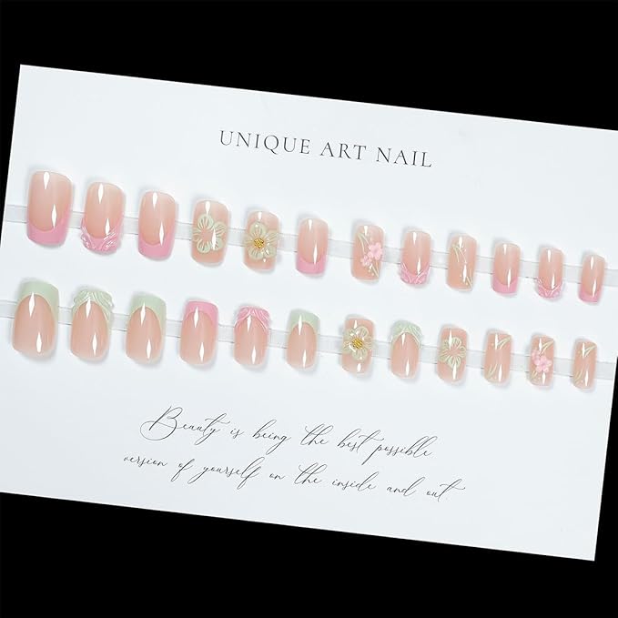 Pink French Tips Press on Nails Short Square Spring Fake Nails with 3D Flower Design Full Cover Glue on Nails Flowers Acrylic Nail Tips Kit Glossy Artificial Nails for Women Summer Nails Decor 24Pcs