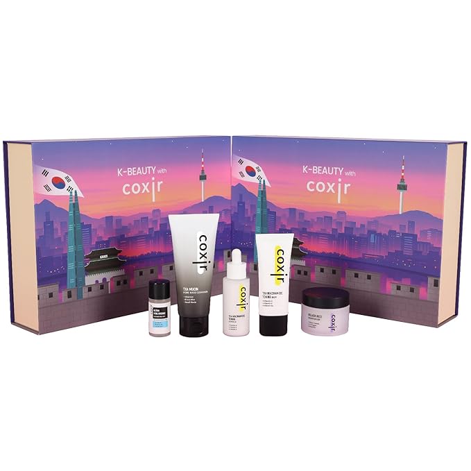 coxir K-Beauty Seoul Glow Set – 5-Step Korean Skincare Routine with TXA & Black Rice – Cleansing oil, Mask Cleanser, Ampoule, Balm & Moisturizer