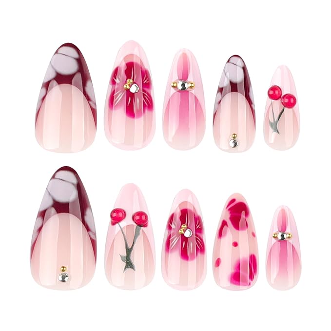 Medium Almond Press on Nails Red cherry French False Nails with 3D Designs Coffin Nails Full Cover Artificial Stick on Nails Reusable Acrylic Nails Glue on Nails for Women Manicure Kit 24PCS