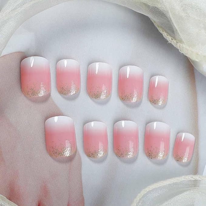 Square Ombre Press on Nails -Soft Gel Press on Nails Short Pink Fake Nails Square Bling Glossy False Nail Tips Artificial Nails for Women and Girls,24pcs