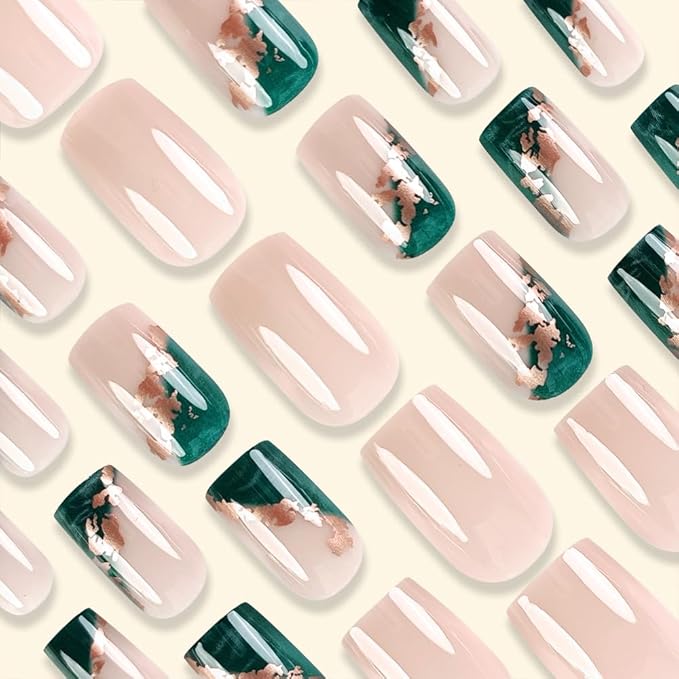Square Press on Nails Short Acrylic Nails Green Marble Fake Nails with Gold Foil Design Glossy Nude False Nails Full Cover Glue on Nails for Women Girls Nails Decoration 24 Pcs, Style 27