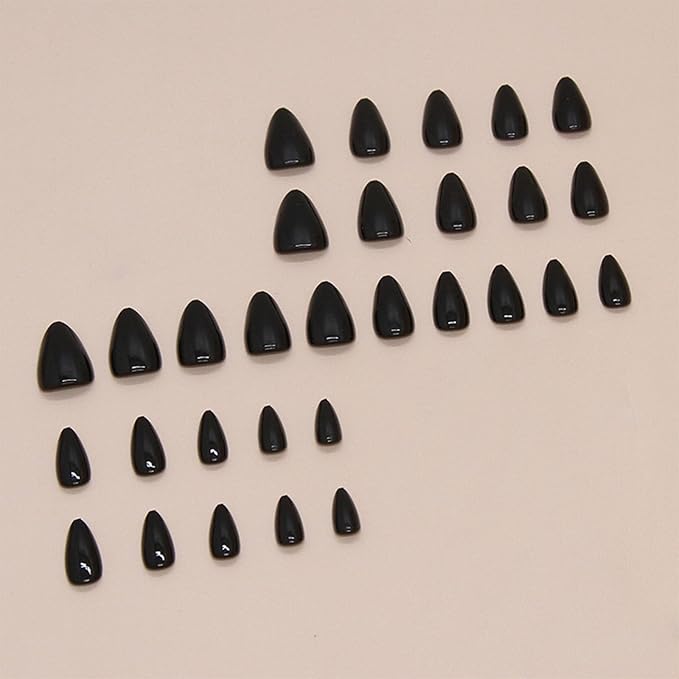 Black Press on Nails Solid Color Short Almond Acrylic Fake Nails Glossy Black Full Cover Glue on Nails Reusable Artificial Stick on Nails for Women and Girls 30 Pcs