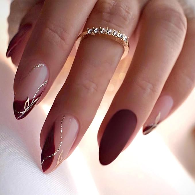 Press On Nails Medium Almond Gold Line French Press Ons Full Cover Glossy Stick Ons for Women Nails Decoration 24Pcs