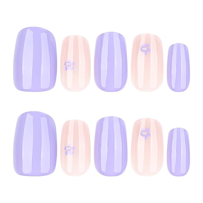Lavender and Pink Press On Nails Square Short, Purple Flower Fake Nails with 3D Floral Design, Glossy Finish Reusable Acrylic Nails, Natural Glue On Nails Kit for Women, 24Pcs