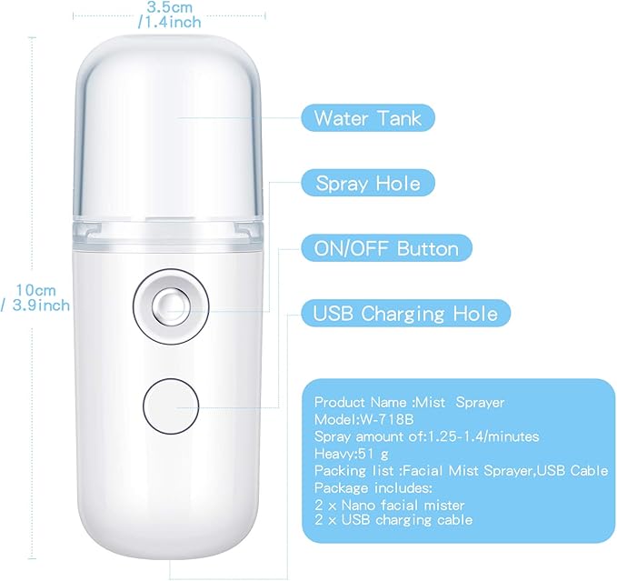 Honoson 2 Nano Facial Mister Sprayer Portable Face Nano Mister for Eyelash Extensions USB Rechargeable 1 oz Handy Skin Care Machine for Face Hydrating, Daily Makeup(White)