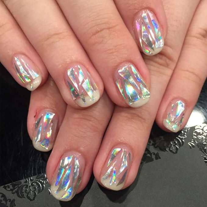 Aurora Laser Silver Glitter for Nails Sparkly Irregular Chunky Glitter Sequin Nail Charms for Nails Design Nail Glitter Flakes Holographic Iridescent Glitter Nail Sequins for Crafts Nail Art Supplies