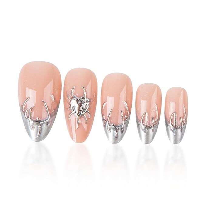 French Tip Press on Nails Silver Almond Fake Nails Medium Acrylic Nails Press ons with 3D Heart Designs Silver Metal Artificial False Nails Glossy Full Cover Glue on Nails for Women Manicure 24 Pcs
