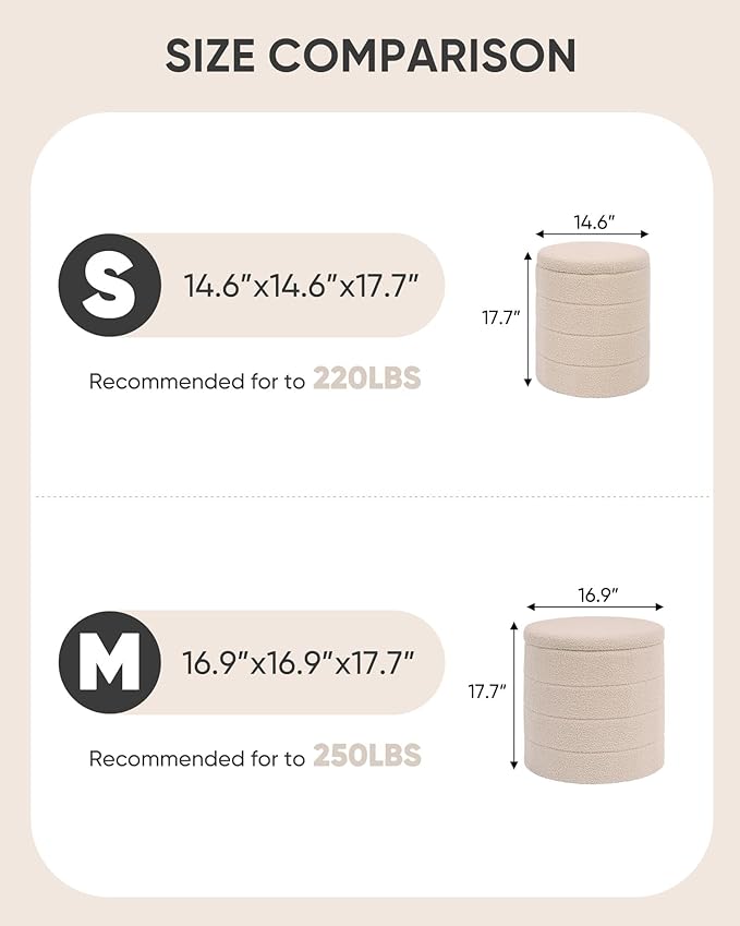 B FSOBEIIALEO Ottoman with Stroage, Round Sherpa Storage Ottoman Stool, Boucle Foot Rest 14.6"x14.6"x17.7"（Beige