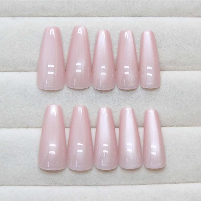 Press on Nails Long Pink Fake Nails Coffin Bling Glossy False Nail Tips Artificial Nails Finger Manicure for Women and Girls-24pcs