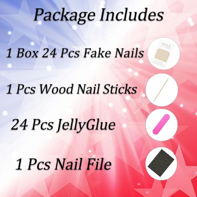 Fourth of July Press on Nails Independence Day Fake Nails French Tip False Nails Red Blue Fireworks with Star Design Glitter Stick on Nail Full Cover Acrylic Glue on Nail for Women Decor Manicure