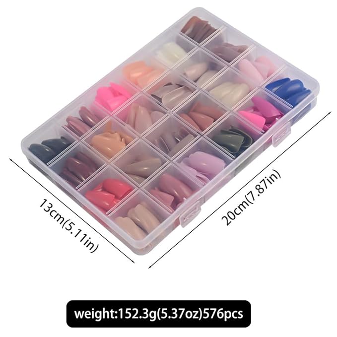 576Pcs Coffin Press on Nails MediumFake Nails Solid Color False Nails Full Cover Glossy Acrylic Glue on Nail Reusable Artificial Stick on Nail for Women Manicure -12 Color