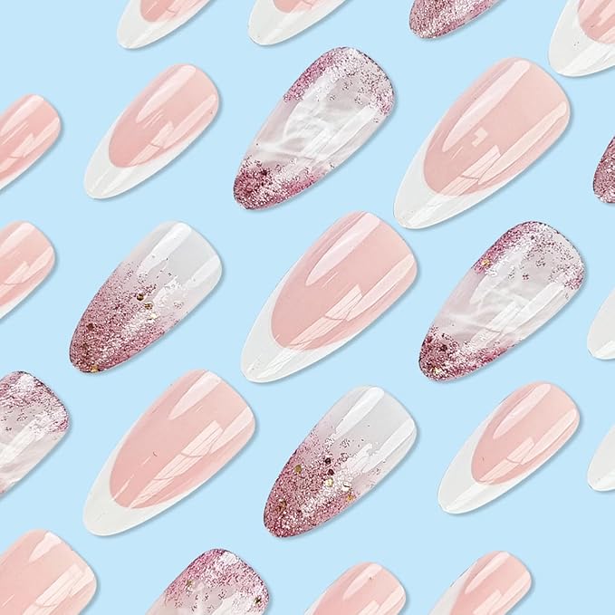 French Tip Press on Nails Medium Length Square - French Manicure Press on Nails Starry Sky Sparkly Design,False Nails high-end feeling Flashing pink Glossy Reusable Stick on Nails Medium French Nails