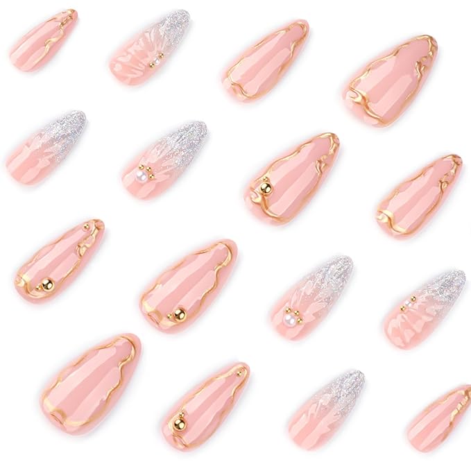 24Pcs Nude Press on Nails Almond Medium Fake Nails with Gold Bead Designs Glitter 3D Texture Acrylic Nails Full Cover False Nails Kit White French Glue on Nails Stiletto Artificial Nails for Women