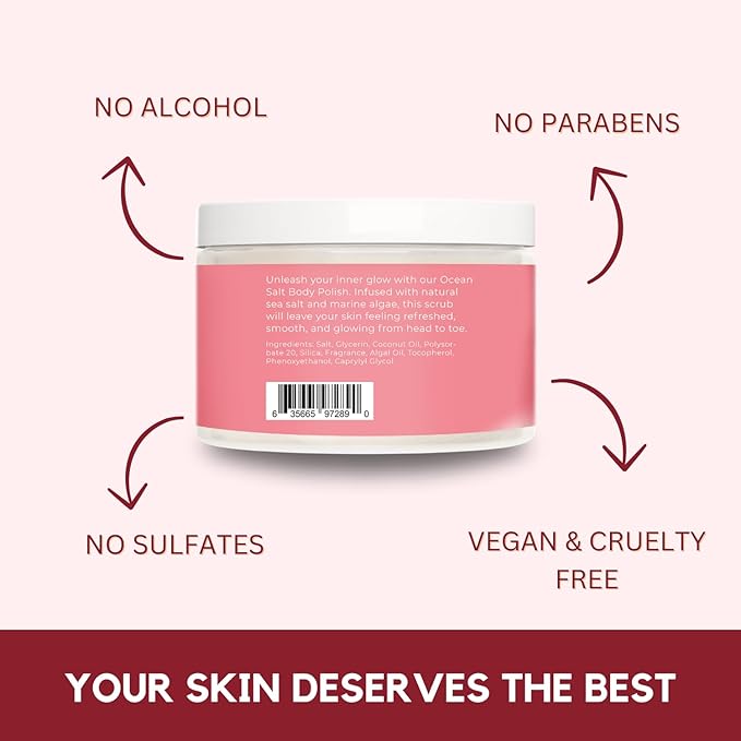 Sea Salt Body Scrub by Florida Suncare - Ocean Salt Body Polish Infused with Marine Algae - Exfoliating Face and Body Scrub - Facial Scrub Exfoliator to Tackle Acne (Grapefruit, 3.3 oz)