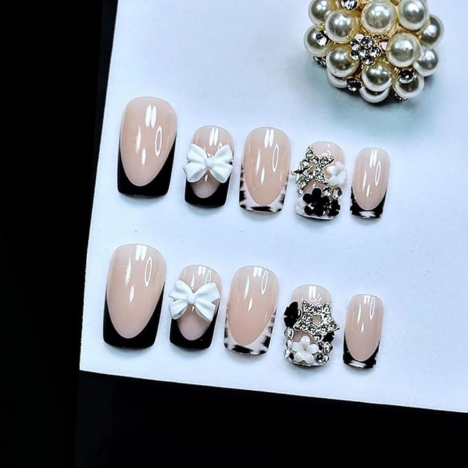 24Pcs Black French Tip Press on Nails Short Square Fake Nails with Bow Flower Star Rhinestones Leopard Designs French Acrylic Nails Stick on Nails Nude False Nails Floral Glue on Nails for Women