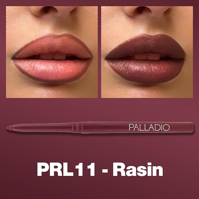 Palladio Retractable Waterproof Lip Liner High Pigmented and Creamy Color Slim Twist Up Smudge Proof Formula with Long Lasting All Day Wear No Sharpener Required, Raisin, 1 Count
