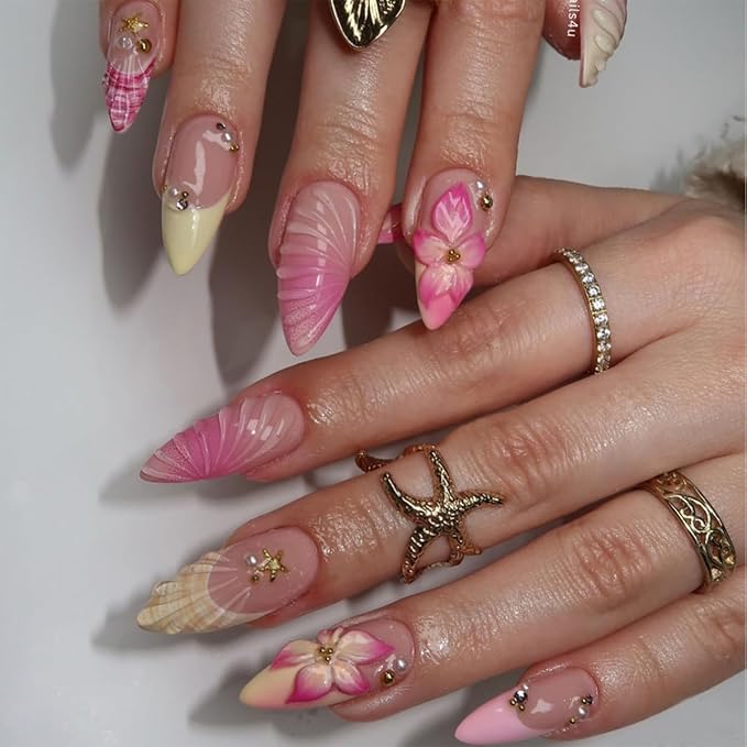 24Pcs Medium Press on Nails Almond French Tip Fake Nails Pink Hawaii Flower Acrylic Nails with Gold Rhinestones Design Summer Glue on Nails Full Cover Artificial False Nails Tips for Women Manicure