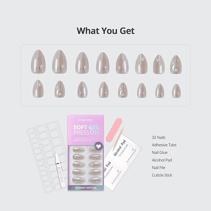 BTArtbox Press On Nails Short - Pearl Accents Chrome Almond Press On Nails with Glue for Women, Opaque Soft Gel Glue On Nails in 16 Sizes - 32 Stick On Nails Kit, Tidal Pearl
