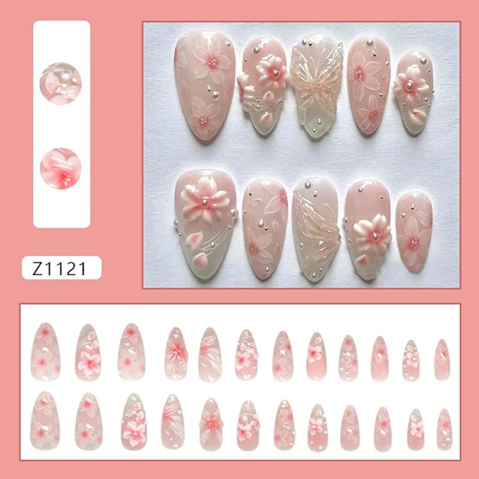 Almond Press on Nails Medium Fake Nails with Butterfly Pearl Designs 3D Flower Stick on Nails Pink Gradient Acrylic Glossy Artificial Full Cover Glue on Nails for Women 24Pcs