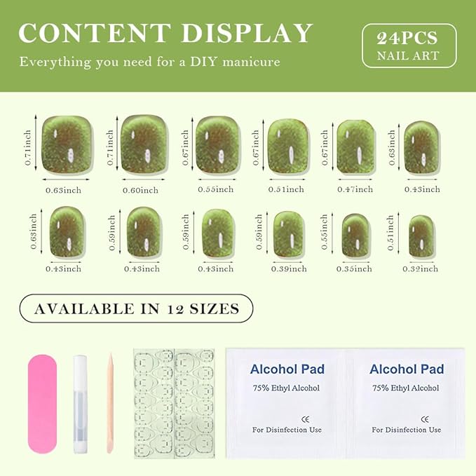 evpct Light Green Cat Eye Extra Short Press on Nails Square, Petite Short Square Glue on Nails for Women Gift, Light Green Metallic Glitter Glossy Reusable Gel Press on Acrylic Fake Nail with Designs