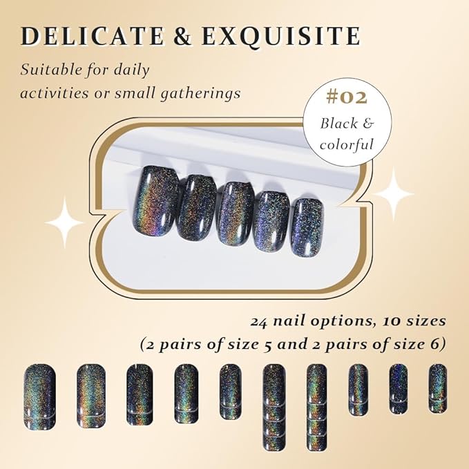 Cat Eye Black Rainbow Press On Nails Medium Square, Designer Reusable Acrylic Fake Nails with Glue, Glossy Soft Gel Nails Wedding and Party, Stick On Glue On Nails, Nails Press Ons for Women