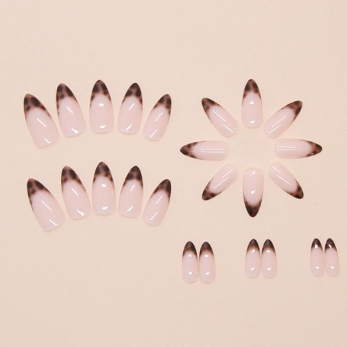 Hkanlre Leopard Print Press on Nails Nude Medium Fake French Nails Tips Full Cover Almond False Nails for Women 24PCS